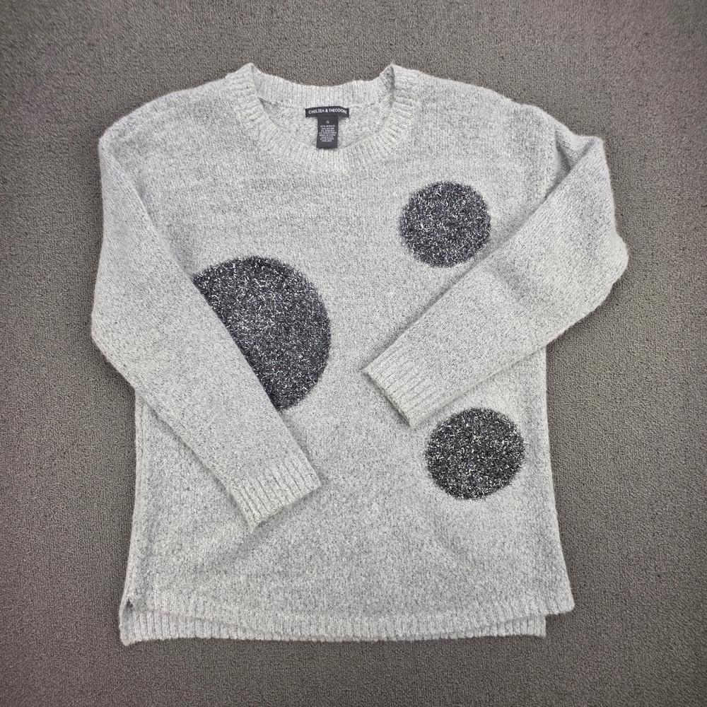 Chelsea & Theodore Polka Dot Sweater Women Grey Metallic Shimmer Knit Small